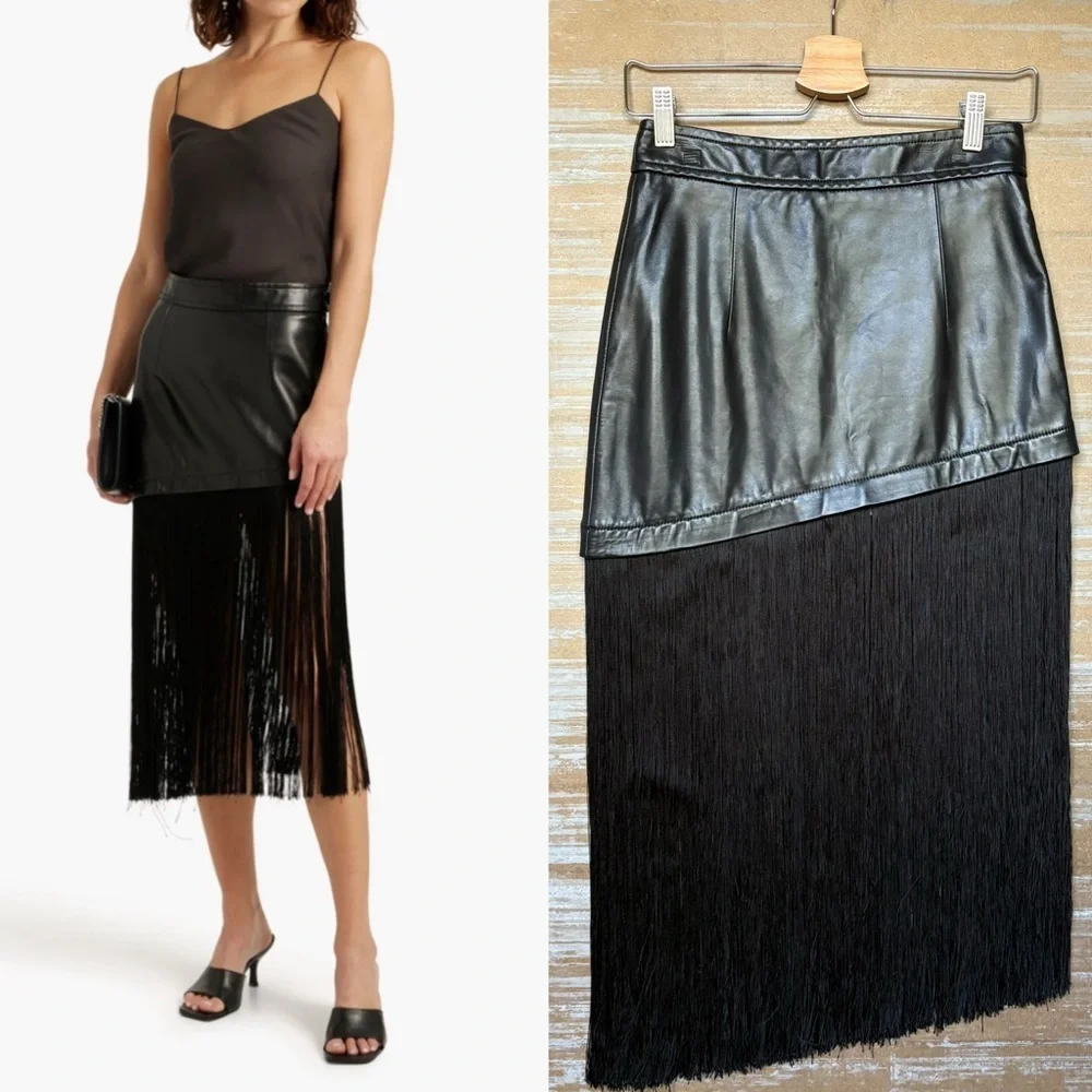 Helmut Lang NWT Fringe Hem Lamb Leather Mini Skirt Western Boho Rodeo Womens 0